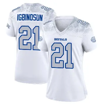 ＃21 Women's Davison Igbinosun White Game Buffalo Bills 2025 Rivalries Collection Jersey