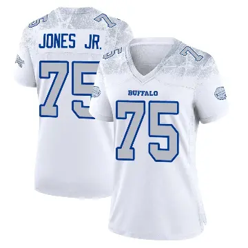 ＃75 Women's Andre Jones Jr. White Game Buffalo Bills 2025 Rivalries Collection Jersey
